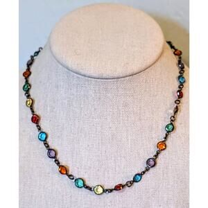 Colorful Rhinestones Channel Chain Antiqued 16.5-19.5" Necklace